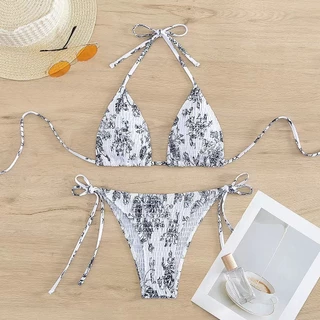 Summer Girl💗 ชุดว่ายน้ำเซ็ต 2 ชิ้น บิกินี่ลายดอกไม้ triangle bikini ผ้าย่นนุ่ม สวยน่ารัก ไปทะเล