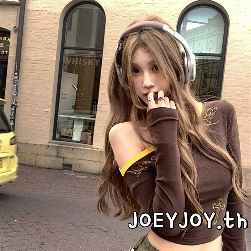 Joeyjoy-เสื้อยืดอสมมาตรผู้หญิงปิดไหล่แขนยาวข้ามพิมพ์สลิมฟิตท็อปส์พืช