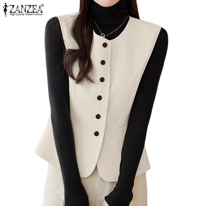 Zanzea เสื้อโค้ทแขนกุดแฟชั่นสตรีเกาหลี O-คออารมณ์หัวเข็มขัด