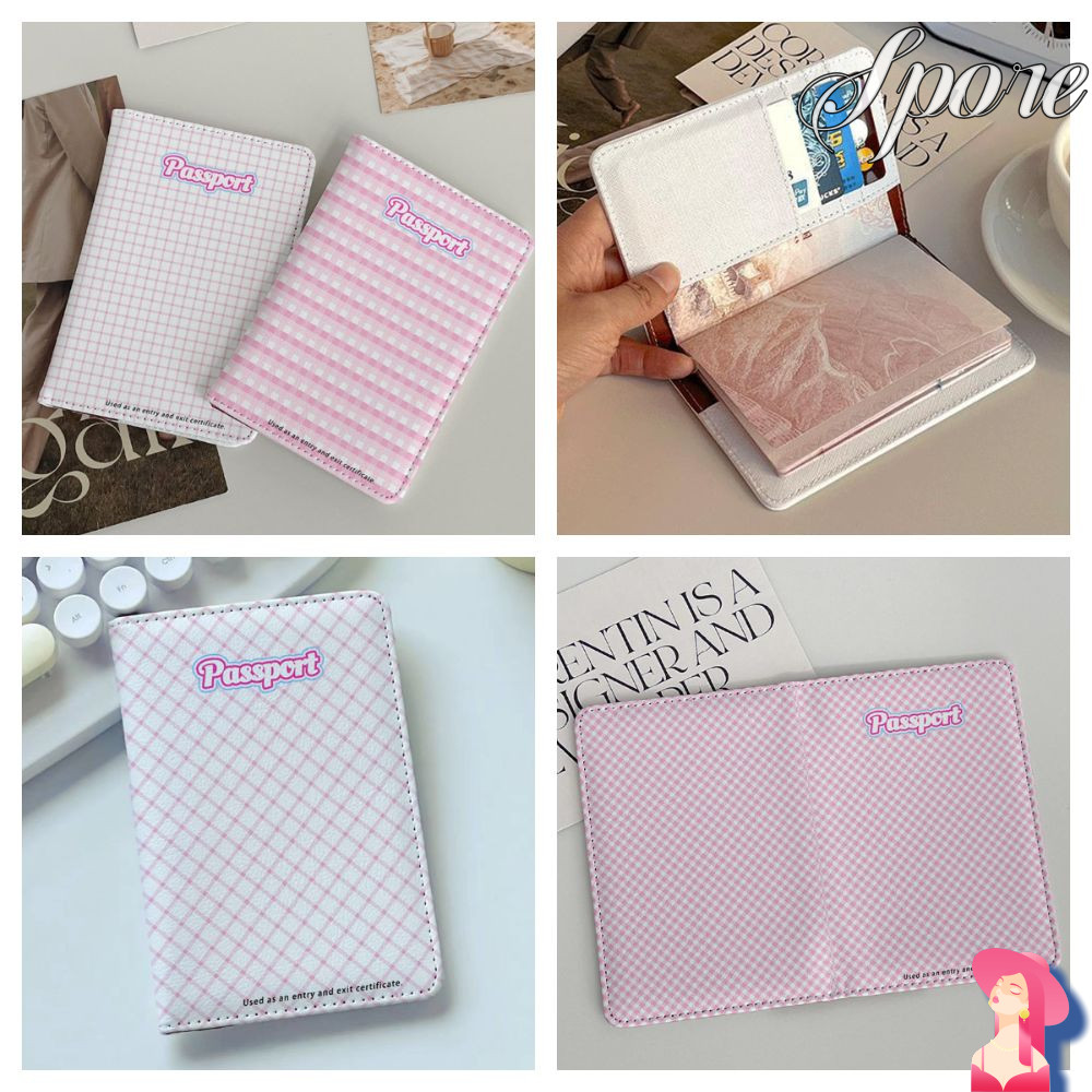Spore ผู้ถือหนังสือเดินทาง, Pu หนัง Multi-function Passport Cover, แบบพกพากันน้ําสีชมพูกริดสี่เหลี่ยมผืนผ้าการ์ด Clamp กระเป๋าสตางค์ท่องเที่ยวกลางแจ้ง