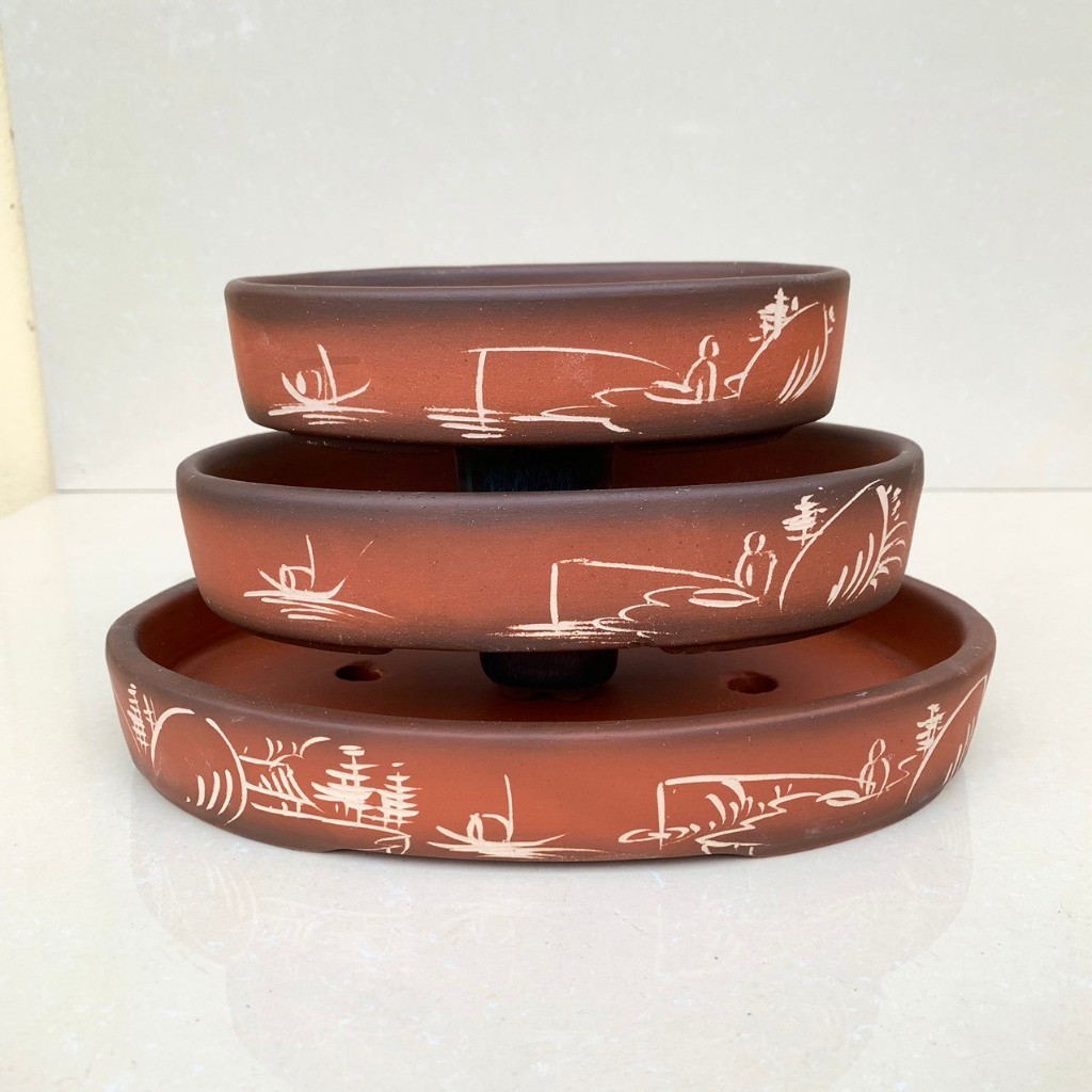 จีวี. กระถางไม้ประดับสีแดงบอนไซวงรี 3 ขนาด เอสพี789