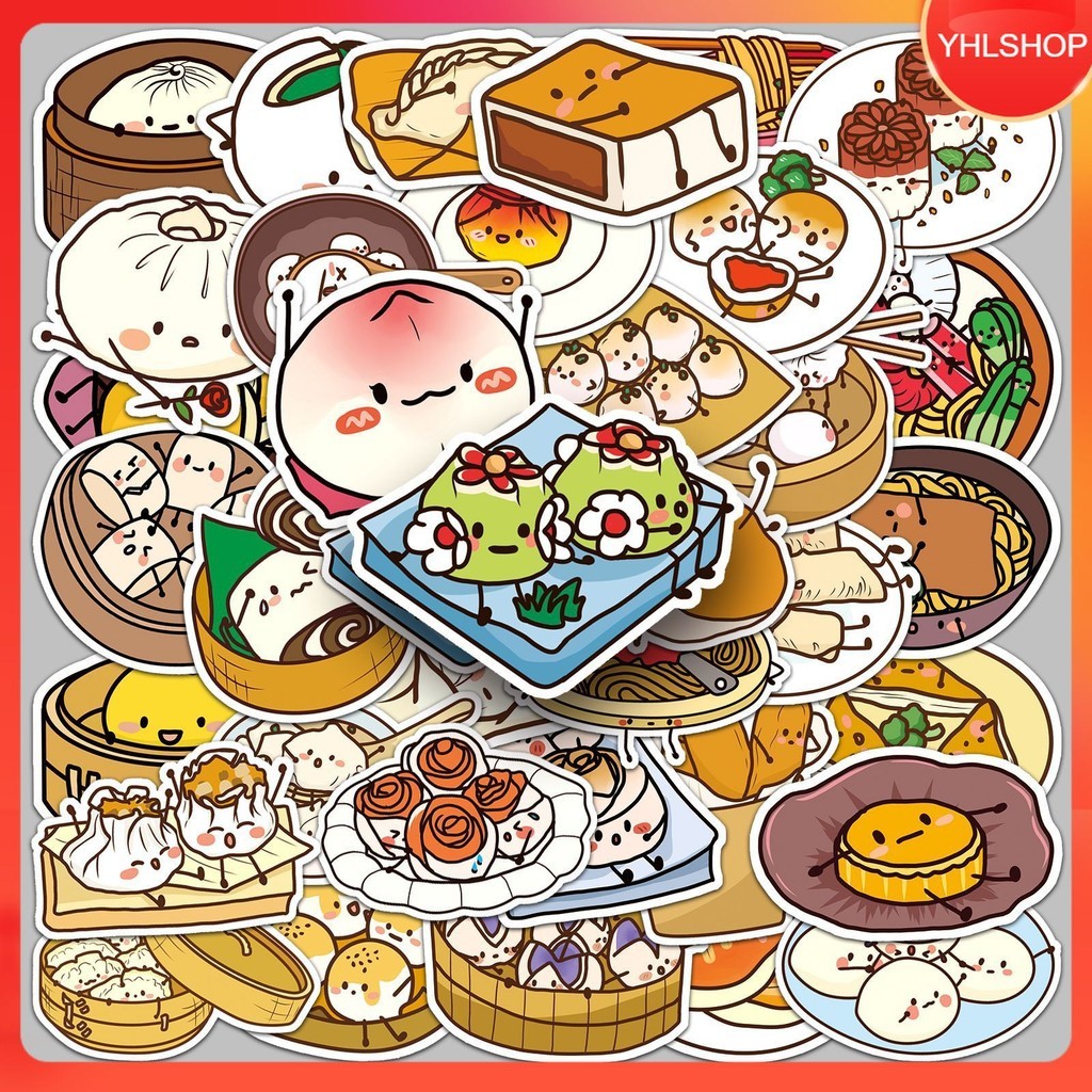 YHL 50ชิ้น อาหารจีน ติ่มซำ ซาลาเปา ขนมจีบ เสี่ยวหลงเปา Chinese pastry cartoon food sticker พร้อมส่ง