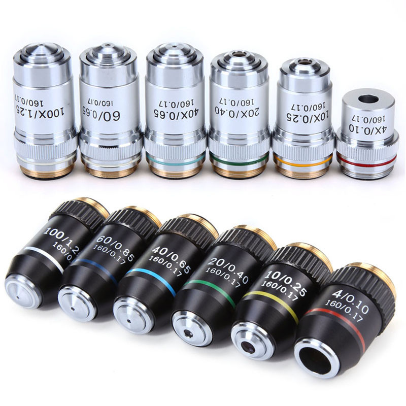 1pc กล้องจุลทรรศน์ชีวภาพเลนส์ 4X 10X 20X 40X 60X 100X (น้ํามัน) 195 เลนส์อะคูสติก