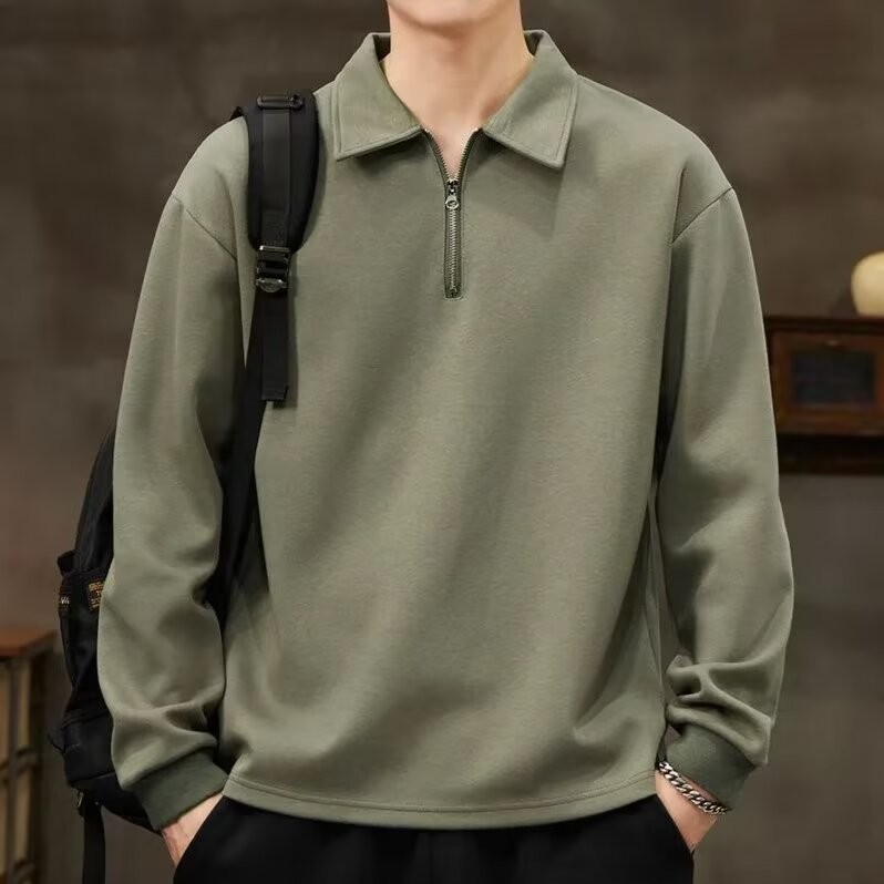 เสื้อกันหนาวผู้ชาย คอปก POLO ครึ่งซิป สีทึบ แขนยาว สไตล์เรโทร (ฤดูใบไม้ผลิ/ใบไม้ร่วง)