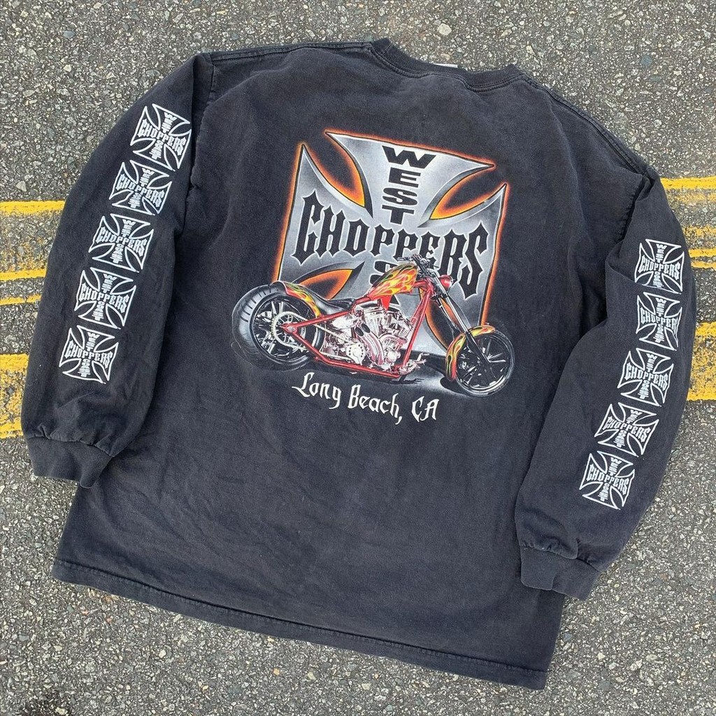 West Coast Choppers West Coast Choppers รถจักรยานยนต์สไตล์ Long Beach Retro พิมพ์เสื้อยืดแขนยาวผ้าฝ้