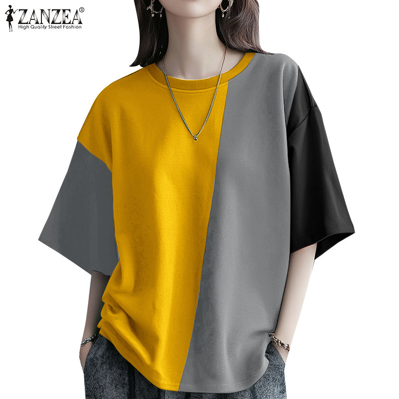 Zanzea เสื้อยืดคอกลมแขนสั้น H-Type สําหรับผู้หญิงเกาหลีทุกวันเย็บสีหลวม