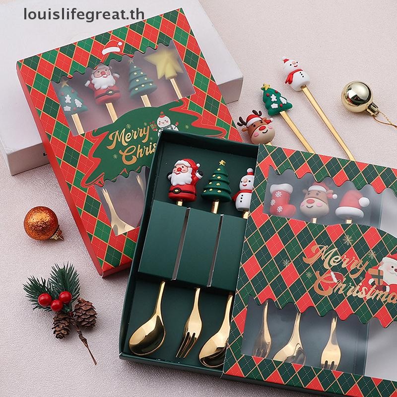 Louislifegreat 6/4/2PCS คริสต์มาสของขวัญ Glod ช้อนส้อมชุด Elk ต้นคริสต์มาสตกแต่งขนมหวาน Scoop ส้อมผลไม้ช้อนกาแฟชุดช้อนส้อมใหม่