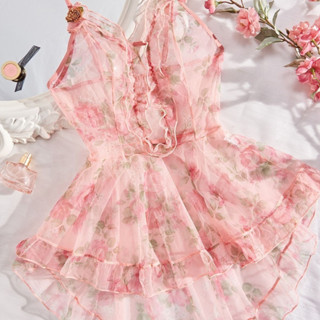 ลูกไม้สลิงพิมพ์ Nightdress ชุดนอนประณีต Loungewear