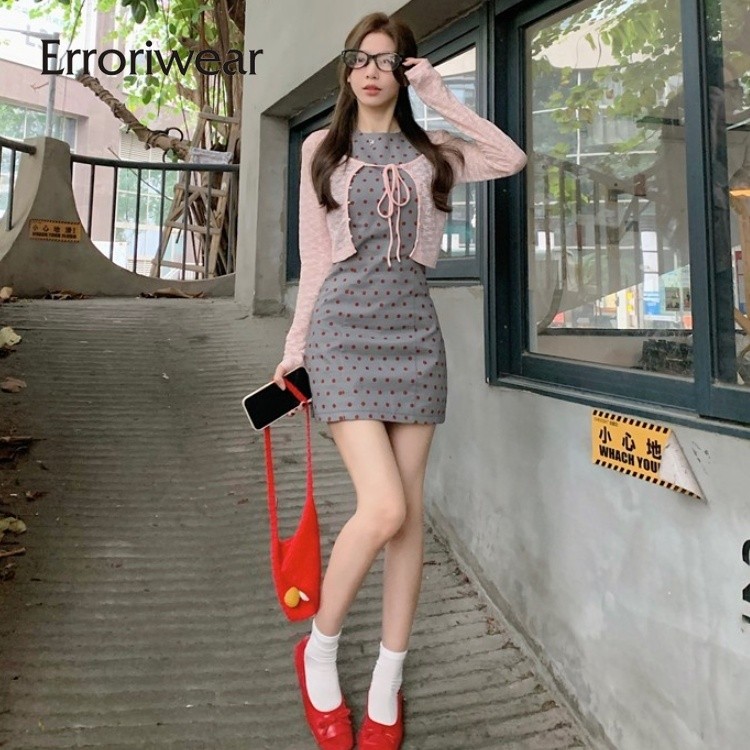 Erroriwear ผู้หญิงมินิเดรส 2024 แฟชั่นลายจุดพิมพ์รอบคอชุดเดรสเข้ารูปแขนกุด