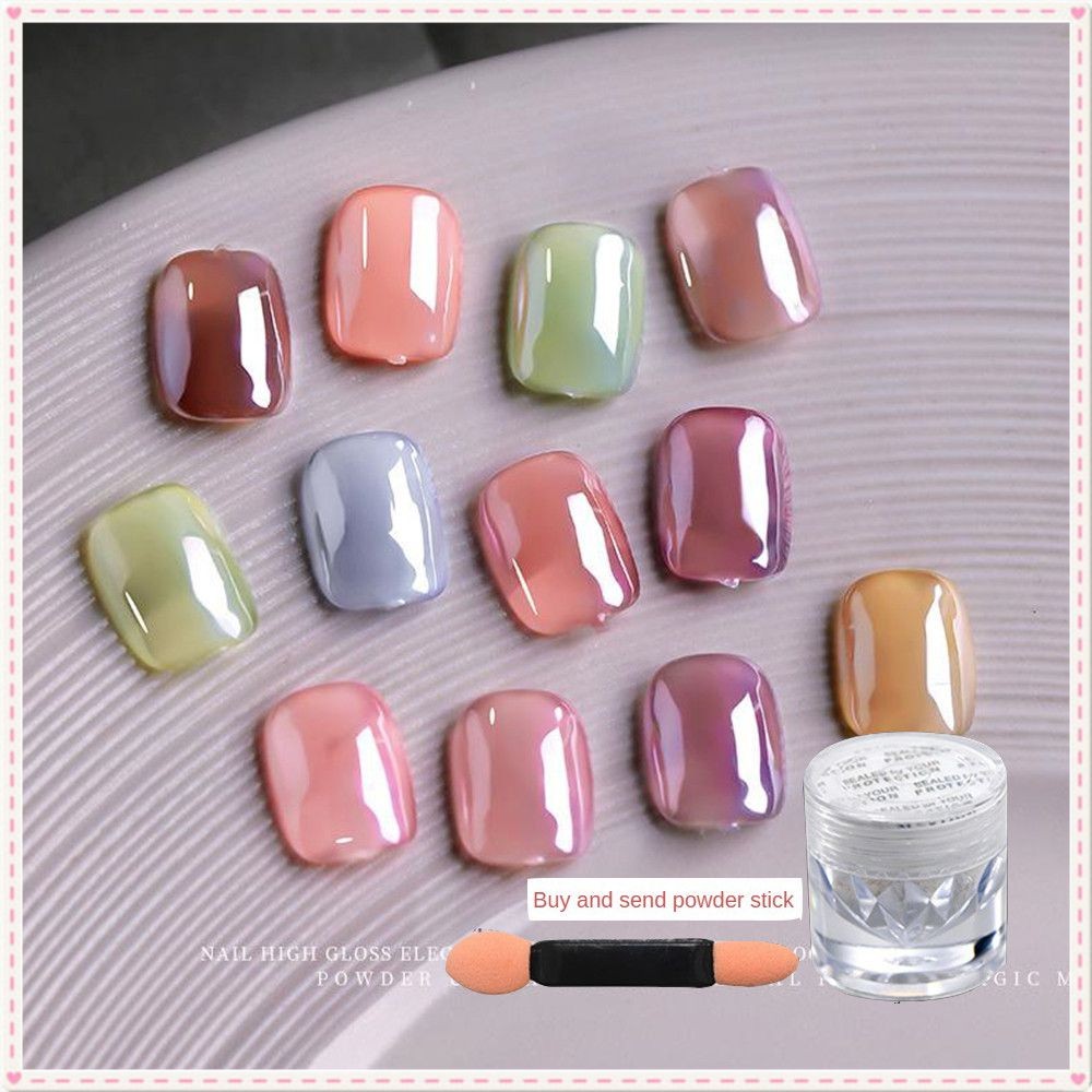 ผงคริสตัลสำหรับตกแต่งเล็บพร้อมแปรง ความสว่างสูง Aurora Ice ผงแสงจันทร์ใส อุปกรณ์ตกแต่งเล็บ สำหรับร้านทำเล็บ JOYFEEL