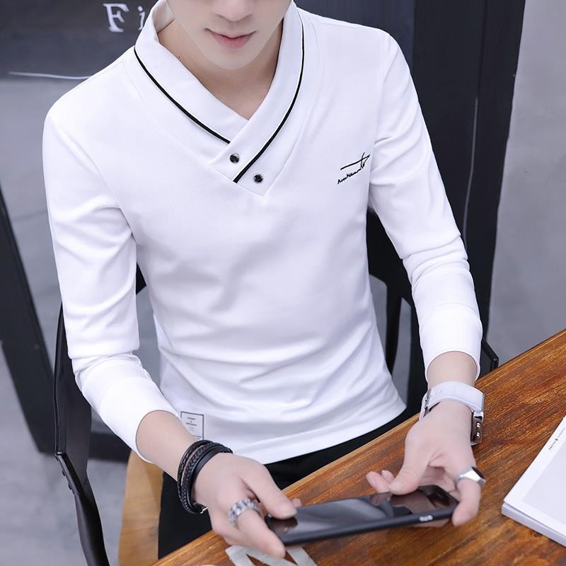 เสื้อยืดคอวีผู้ชายสไตล์เกาหลีบางสีทึบเสื้อแขนยาว
