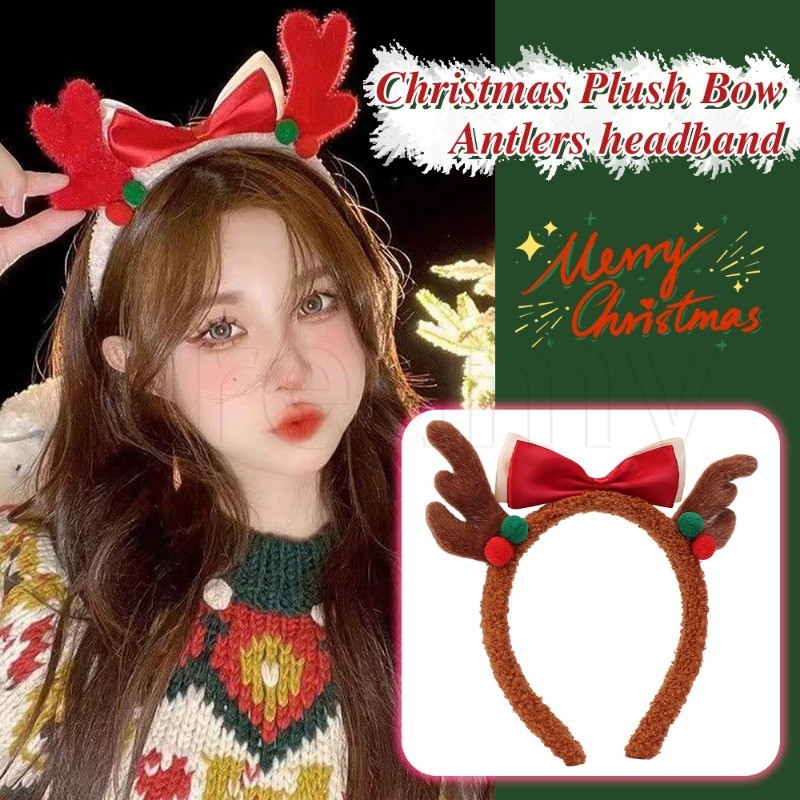 1/2 ชิ้นคริสต์มาส Plush Bow Bells Hairband - ปีใหม่ Reindeer Antler Headdress - Kawaii Furry Headhoops กวางเขากวางแถบคาดศีรษะ - น่ารัก Xmas Deer Horn Headwear - Elk เครื่องประดับผม