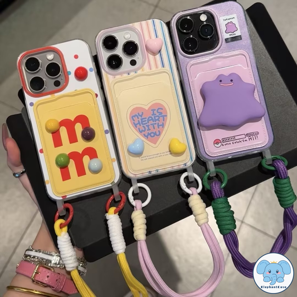 รูปหัวใจตัวอักษรภาษาอังกฤษผีสีม่วงเชือกซองการ์ดเข้ากันได้เคสไอโฟน 16 15 13 11 12 14 XR Pro Max X XS Max 7 8 14 15Plus SE