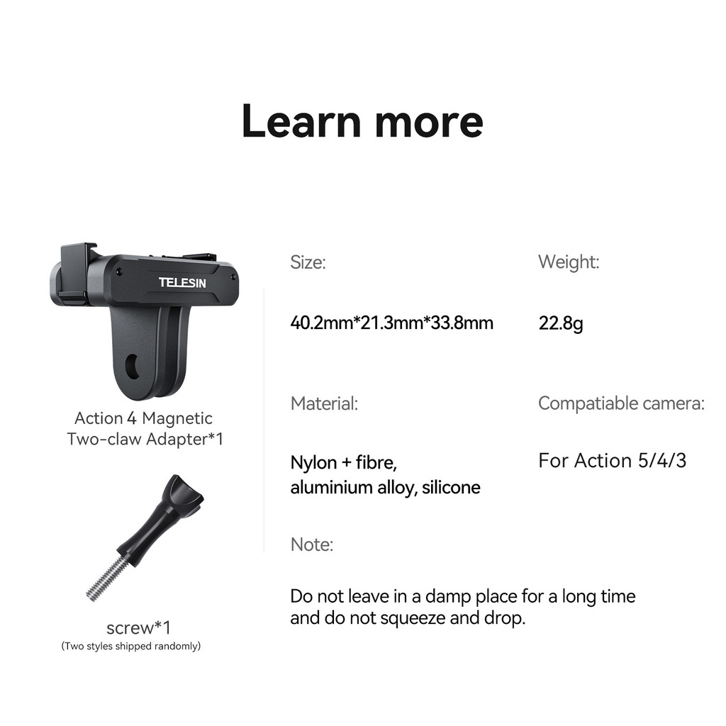 Telesin อะแดปเตอร์แม่เหล็กสองกรงเล็บสําหรับ DJI OSMO Action 5 4 3 อะแดปเตอร์ไนลอนอลูมิเนียมอัลลอยด์อุปกรณ์เสริมสําหรับกล้องแอคชั่นแคมเมรา