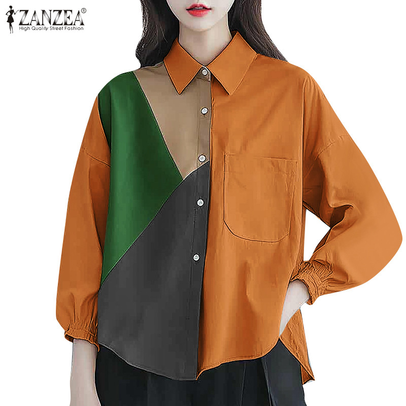Zanzea ผู้หญิงเกาหลีลําลอง Spliced Colorblock เสื้อแขนยาวเรียบง่าย