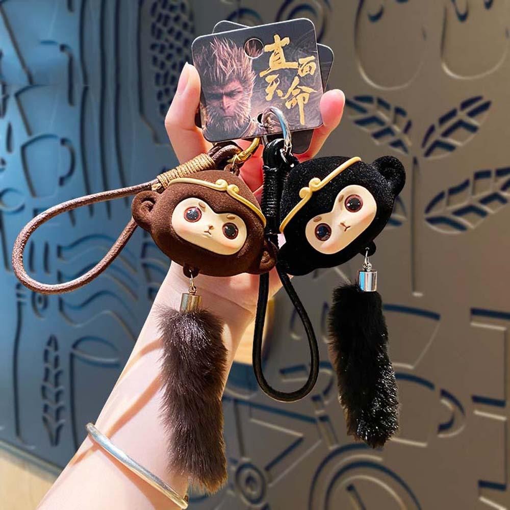 Mauriceoya ลิง Fluffy พวงกุญแจ, พวงกุญแจรถ Monkey King Black Myth Wukong พวงกุญแจ,หางยาวขนปุย 3A เกมตุ๊กตาของเล่นการ์ตูนตุ๊กตาจี้เด็กคู่
