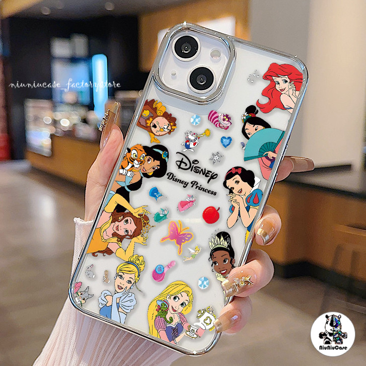 เคสไอโฟน11 13 Cartoon Princess อินเทรนด์หรูหราชุบเลนส์กรอบสําหรับ For iPhone 11 12 13 14 15 Pro X 7Plus XR XS Max SE เคส
