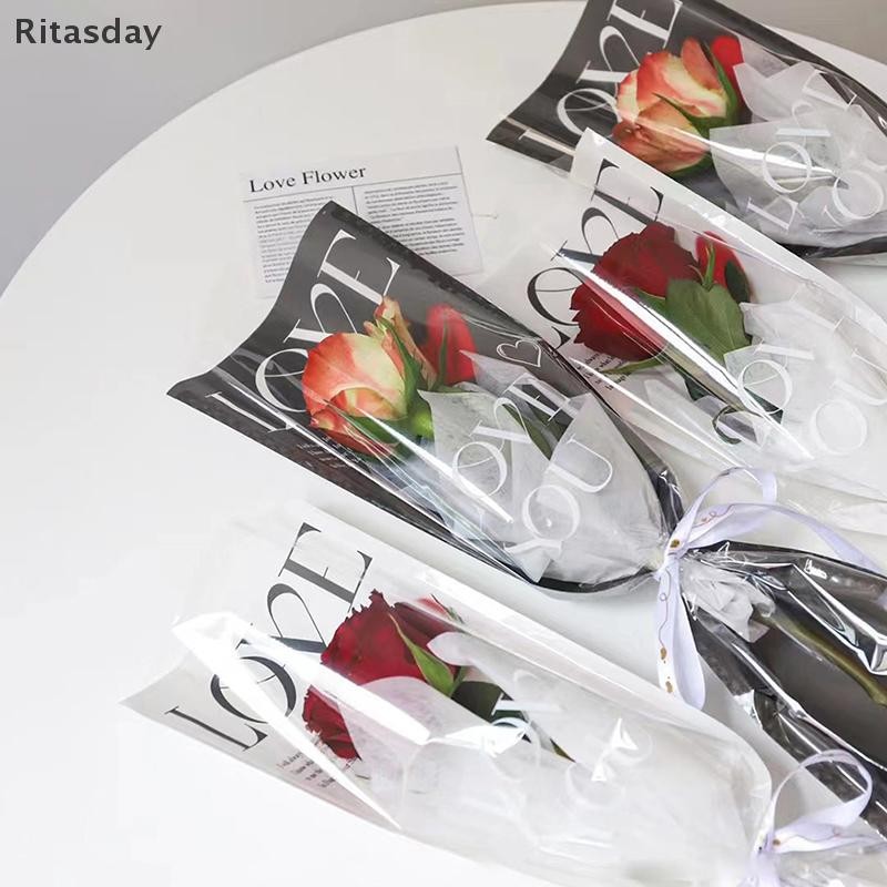 Ritasday 20 ชิ้น LOVE โปร่งใส Rose ถุงบรรจุภัณฑ์ช่อดอกไม้ถุงพลาสติกช่อดอกไม้กระดาษห่อเดี่ยวหนึ่งตรงกระเป๋าดอกไม้บรรจุภัณฑ์ใหม่