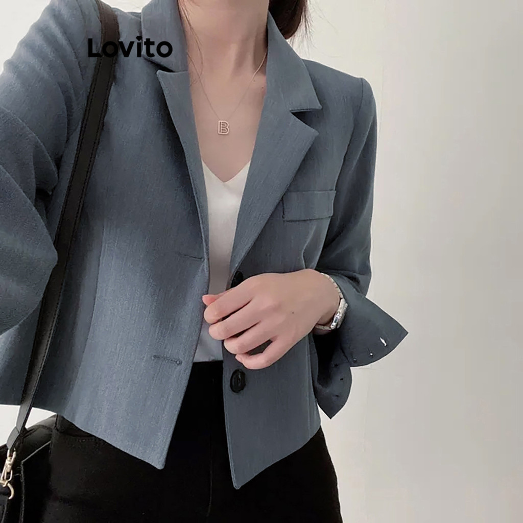 Lovito เบลเซอร์ผู้หญิง กระดุมหน้า มีกระเป๋า สีพื้น สไตล์ลำลอง LNE36029 (สีกากี / สีเทา / สีออฟไวท์ / สีดำ)