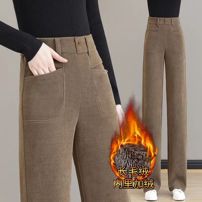 ฤดูใบไม้ร่วงฤดูหนาว2024สไตล์ใหม่เอวสูง เชนิลล์ กางเกงผู้หญิงหลวมสบายๆตรงฤดูหนาวขนแกะซับกางเกงขากว้างหนา