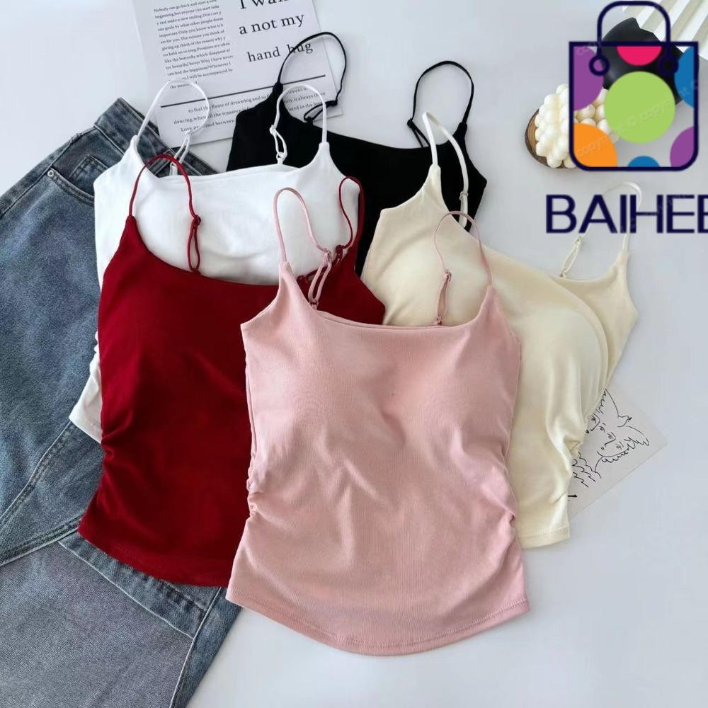 ไป๋เฮ เสื้อกั๊กสายคล้องไหล่บาง,เสื้อกั๊กแฟชั่นฤดูร้อนสีทึบนุ่ม,พร้อมแผ่นรองหน้าอกท็อปส์พืช