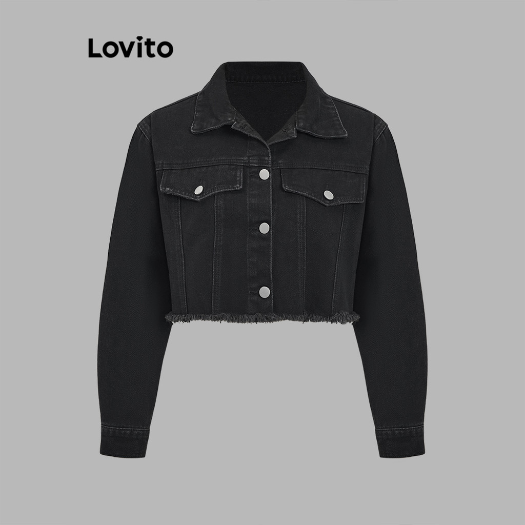 Lovito เสื้อแจ็คเก็ตยีนส์กระเป๋าปลอมปุ่มธรรมดาสำหรับผู้หญิง L106AD167