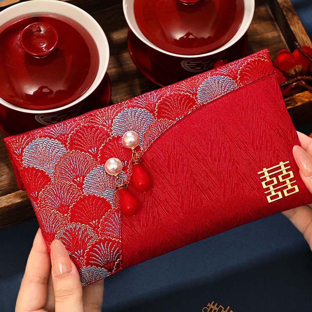 Fitnessfactory ซองจดหมายสีแดงโบรเคดเทศกาลฤดูใบไม้ผลิคําอวยพรปีใหม่ 2025 กระเป๋าเงิน, HongBao ผ้าโบรเคดพู่เย็บปักถักร้อยปีใหม่กระเป๋าเงินงานแต่งงานจีน