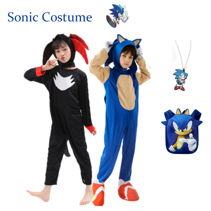 Anime Game Sonic the Hedgehog 3 Cosplay Costume for Kids Boy Blue Black Red Bodysuit Hat Halloween Birthday Clothes