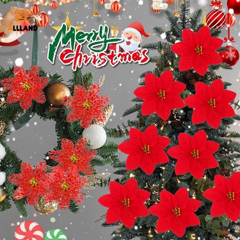 5 ชิ้นประดิษฐ์ Poinsettia ดอกไม้เครื่องประดับ - พวงหรีดต้นคริสต์มาส Decor หัวดอกไม้ปลอม - ฉากปาร์ตี้คริสต์มาสเค้าโครงอุปกรณ์