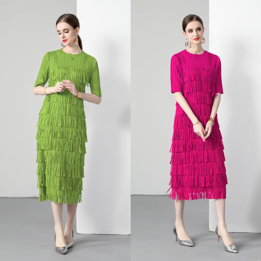 ริ้วรอย 2024 หลายชั้นพู่เค้กกระโปรงสีทึบกลางแขน สุด ๆ บาง พอดี ชุด เฮปเบิร์น กระโปรงยาว -2022-10-07