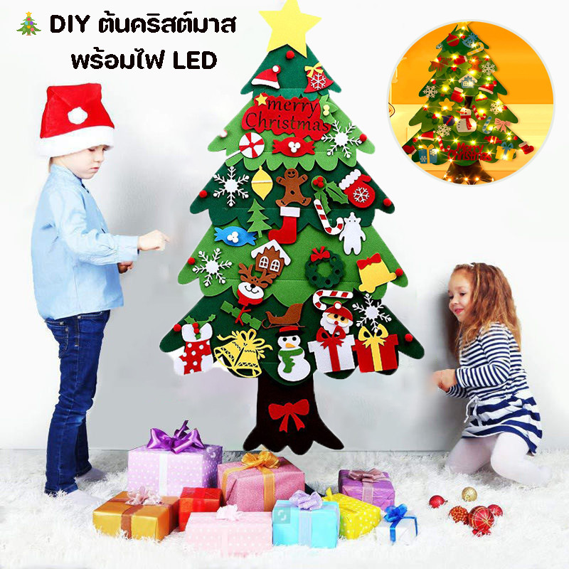 COD🎄DIY ต้นคริสต์มาส พร้อมไฟ LED ผ้าสักหลาด พร้อมเครื่องประดับ ของขวัญเด็ก สําหรับแขวนผนัง ประตู คริสต์มาส
