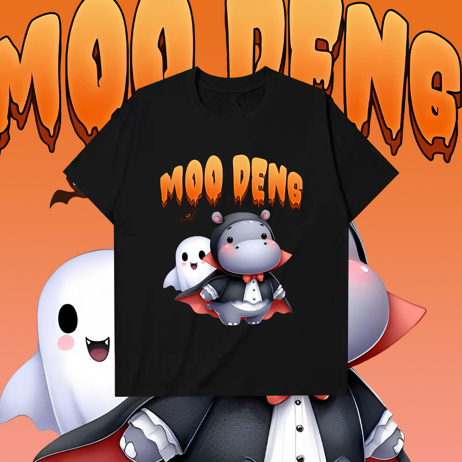 😺   ใหม่ เสื้อ MOO-DENG Moodeng hippo หมูเด้ง&Halloween T-shirt ชุดฮาโลวีน ผ้าฝ้ายแท้ 100% ราคาถูก แ