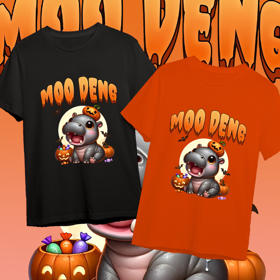 😺   ใหม่ เสื้อ MOO-DENG Moodeng hippo หมูเด้ง&Halloween T-shirt ชุดฮาโลวีน ผ้าฝ้ายแท้ 100% ราคาถูก แ