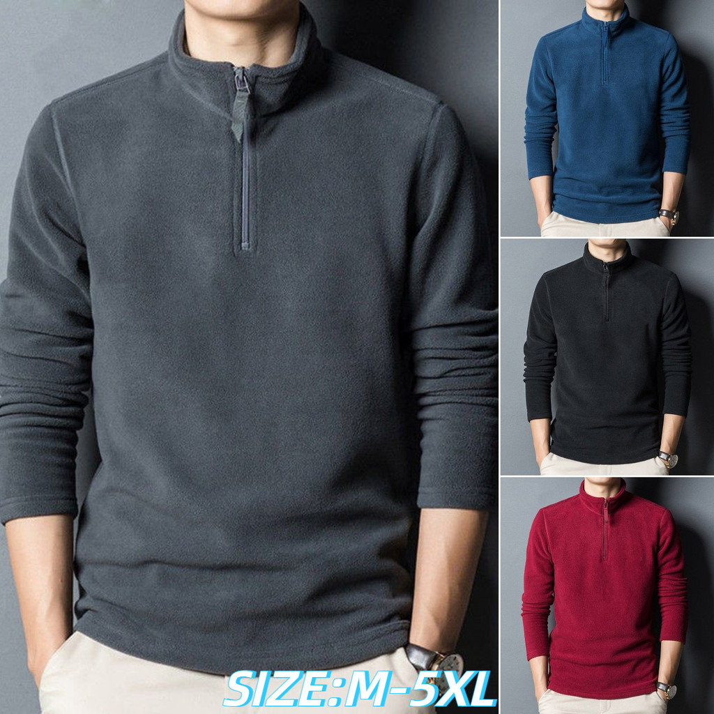 [AKL] ฤดูใบไม้ร่วงและฤดูหนาว เสื้อฮู้ด สีทึบ กำมะหยี่สองด้าน คอปกมีซิปครึ่งตัว ขนาดใหญ่ ผู้ชาย แฟชั่น แขนยาว เสื้อฮู้ด