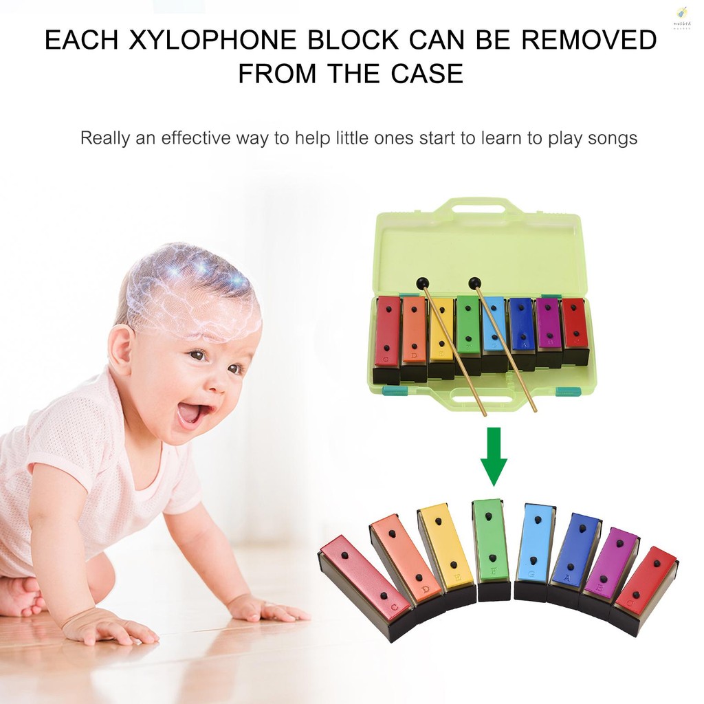 8-note Xylophone สีสัน Glockenspiel ที่ถอดออกได้ Rainbow สีแผ่นโลหะ Resonator Bells พลาสติก Mallets สีเขียว Ca - รูปที่ 7
