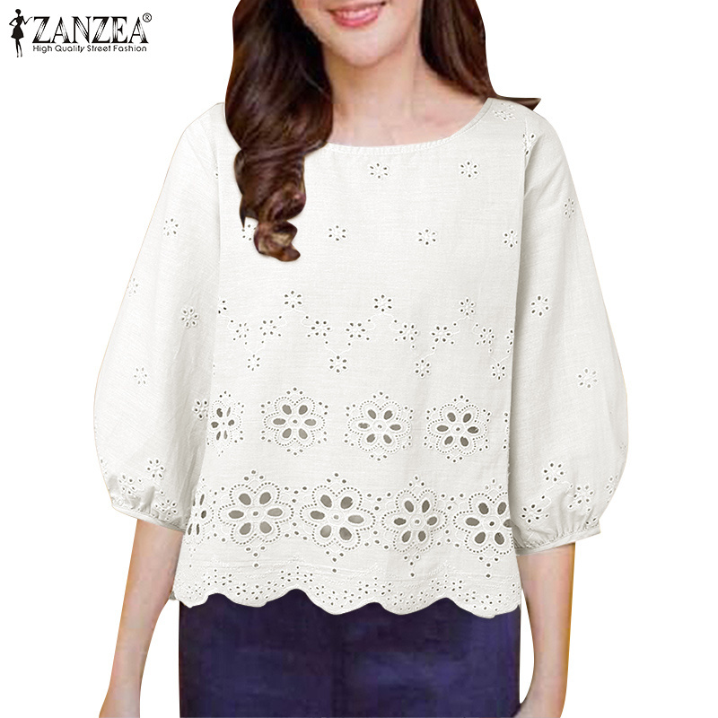 ZANZEA ใส่ ซานเซีย ผู้หญิงแฟชั่นเกาหลี โอ-คอพัฟแขนกลวงเย็บปะติดปะต่อกันเสื้อ