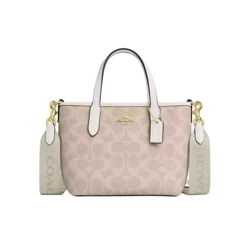 Coach กระเป๋าสะพายข้างแบบพกพาใบเล็กแบบใหม่กระเป๋าโท้ท PVC พร้อมหนัง cw032imxa