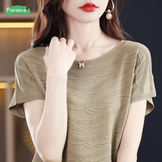 เสื้อถักผู้หญิงผ้าไหมน้ําแข็งแขนสั้นฤดูร้อนใหม่คอกลมลายคลื่นเสื้อถักเสื้อยืดทุกการแข่งขัน
