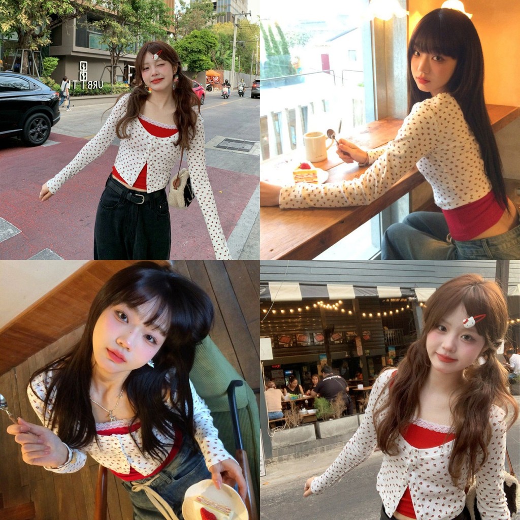 Evelyn ​เสื้อครอปแขนยาว ผู้หญิง คอกลม มีฟองน้ำน่ารักๆ ดีเทลแต่งสองชั้นสีสใสลายดอกไม้ สไตล์เกาหลี#FYH347