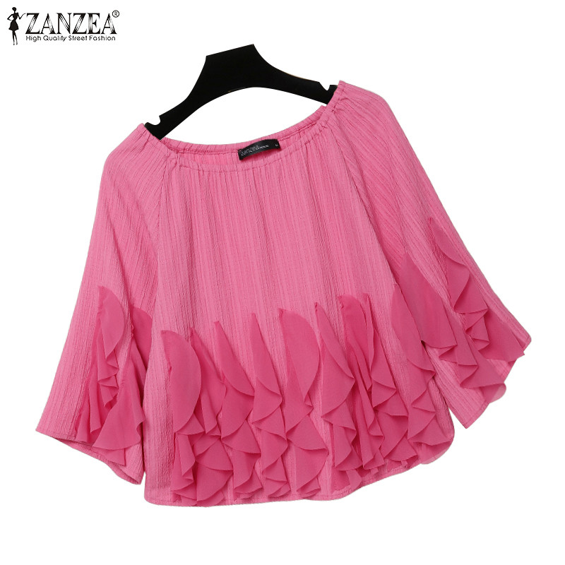 Zanzea ผู้หญิงเกาหลีคอกลมแขนสามส่วน Ruffles เสื้อหลวม