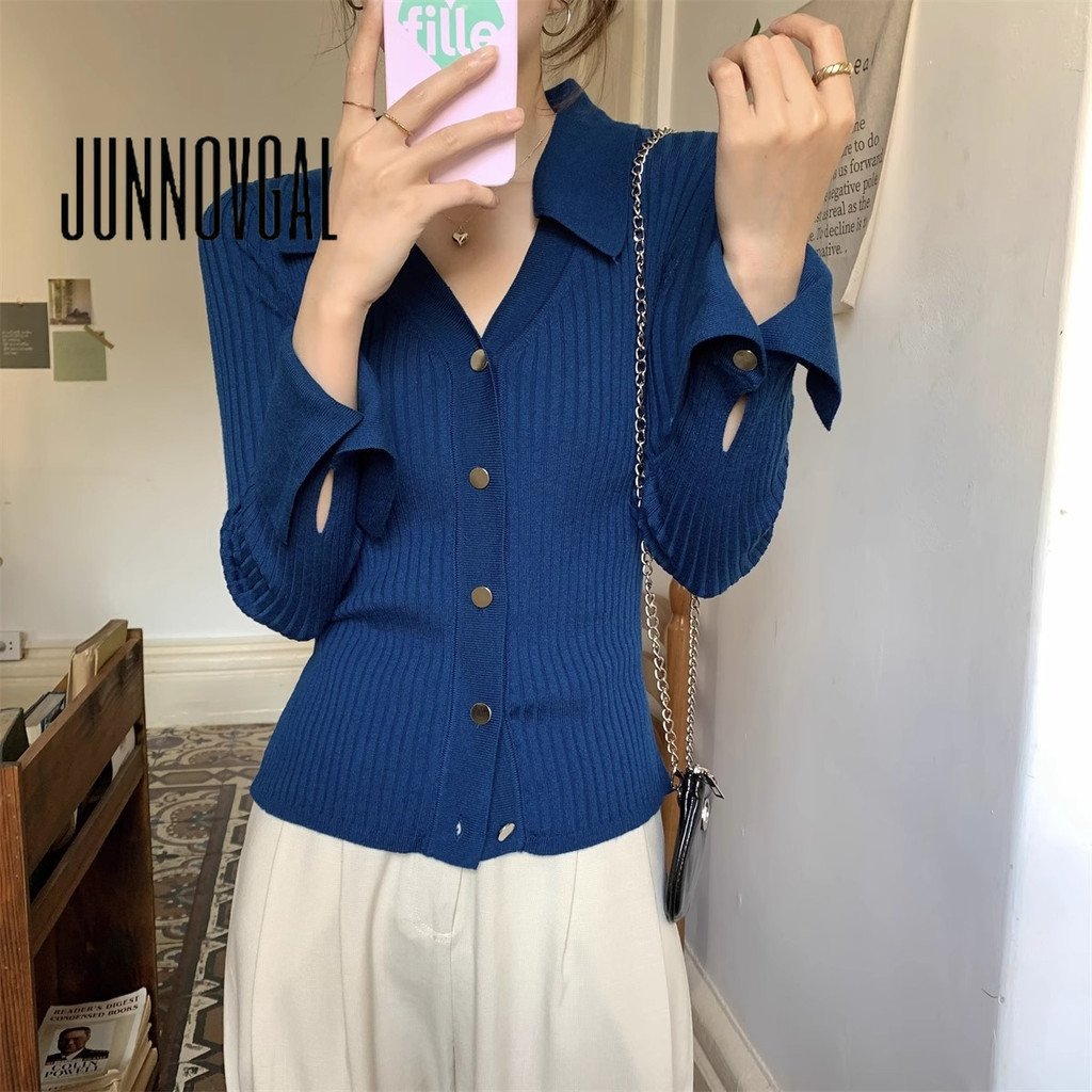 Junnovgal เสื้อโปโลผู้หญิงถักสลิมฟิตสีทึบ 2024 แขนยาว