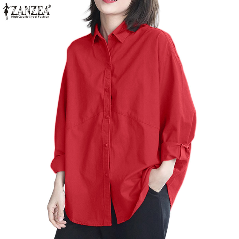 Zanzea เสื้อสตรีแฟชั่นเกาหลีสีธรรมดา Unbuted Cuffs Patchwork แยกเสื้อหลวม