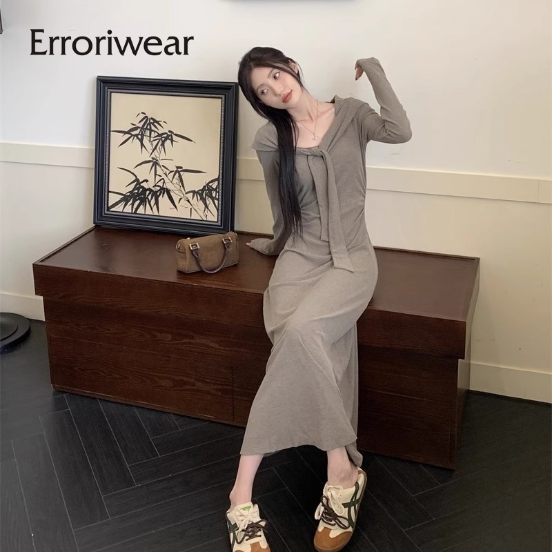 Errokiwear ผู้หญิง Maxi Dress 2024 แฟชั่นสีทึบ Shawled แขนยาว Nipped เอวชุดลําลอง