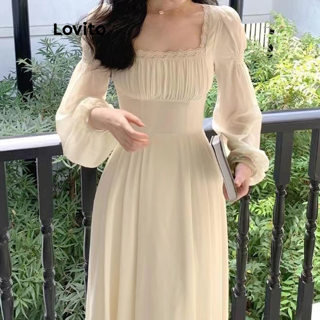 Lovito เดรสผู้หญิง สไตล์หรูหรา สีพื้น ลูกไม้ ผ้าเชียร์ LNA29176 (สีขาว)