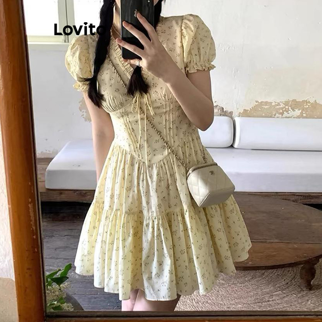 Lovito ชุดเดรสผู้หญิง ลายดอกไม้ สไตล์ลำลอง LNA66014