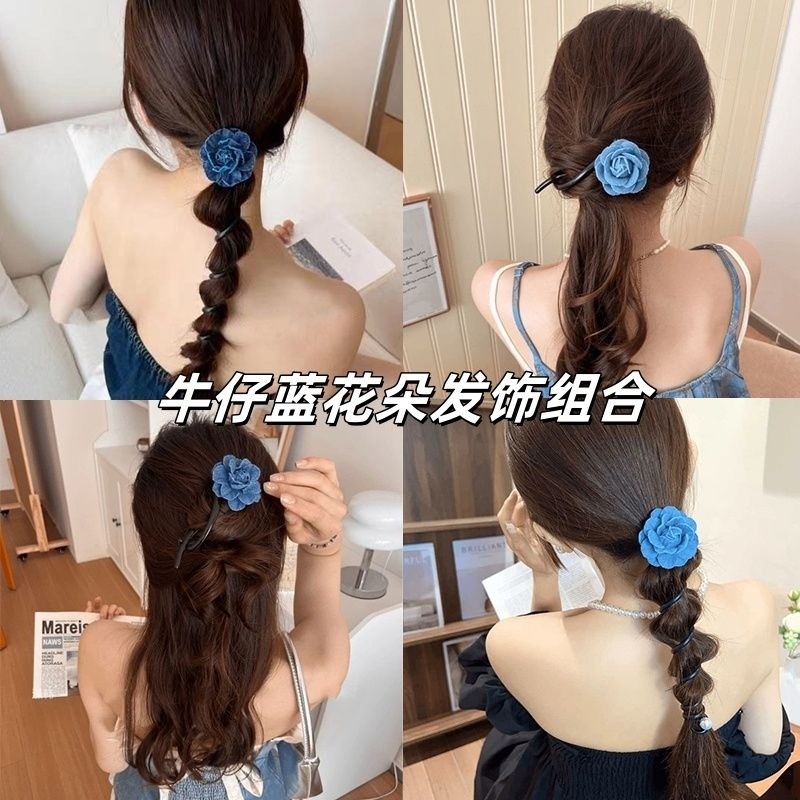 แฟชั่นเกาหลีเดนิมดอกกุหลาบสีฟ้ากิ๊บบิดสายโทรศัพท์เครื่องประดับผม