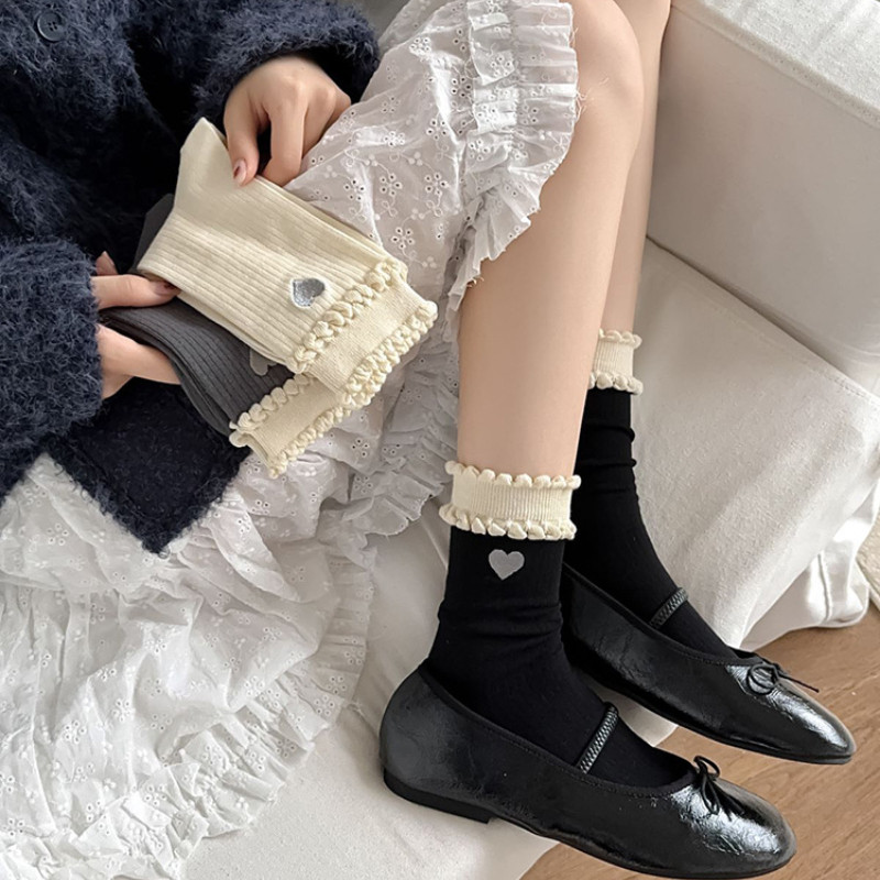 สีขาวหัวใจสองชั้นวิทยาลัยสไตล์ถุงเท้ายาวฟองบัลเล่ต์สไตล์น่ารักและหวานญี่ปุ่นโลลิต้าถุงเท้ากลาง