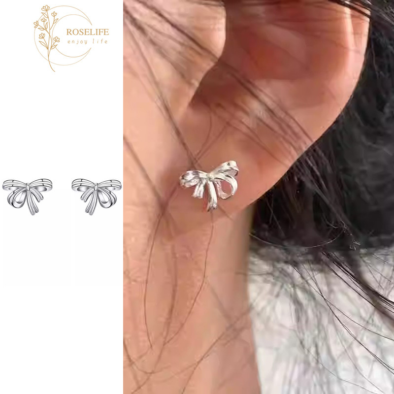Roselife 1 คู่ S925 เงินริบบิ้นโบว์ต่างหูสตั๊ดสําหรับผู้หญิงสาว Hypoallergenic Bowknot หู Studs