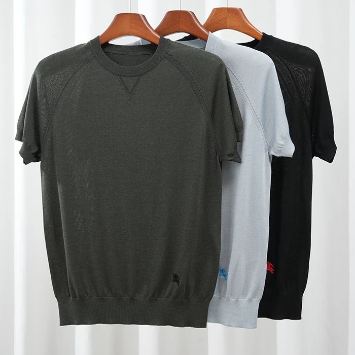 Yijiao Pegasus ปัก Tencel Cotton Blended เสื้อเชิ้ตคอกลมแขนสั้นถัก [Men Style] 1M4B