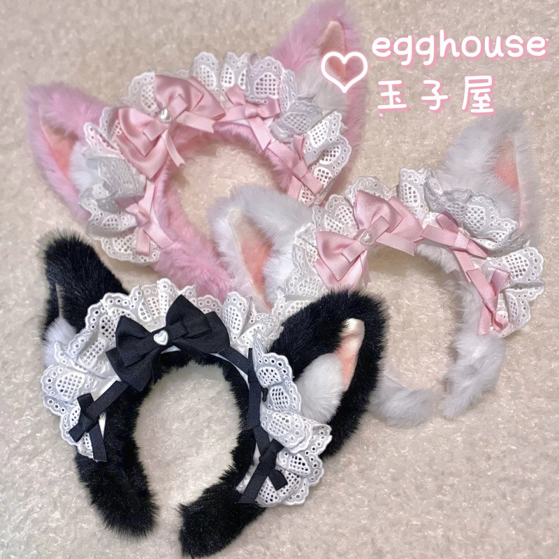 ตุ๊กตาโลลิต้าคาดศีรษะลูกไม้โบว์พร้อมหูฟัง จำลองสัตว์ อุปกรณ์ประดับผม สไตล์ผู้มีอิทธิพล